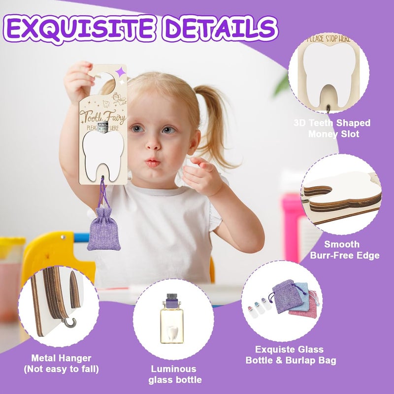 AINBIN Tooth Fairy Door Hanger with Money Slot Keepsake Bottle Burlap Pouch & Upgrade Night Light, Cute Wooden Tooth Fairy Holder Kit for Lost Teeth Kids Children Boys Girls Encourage Gift (Purple) - Image 3